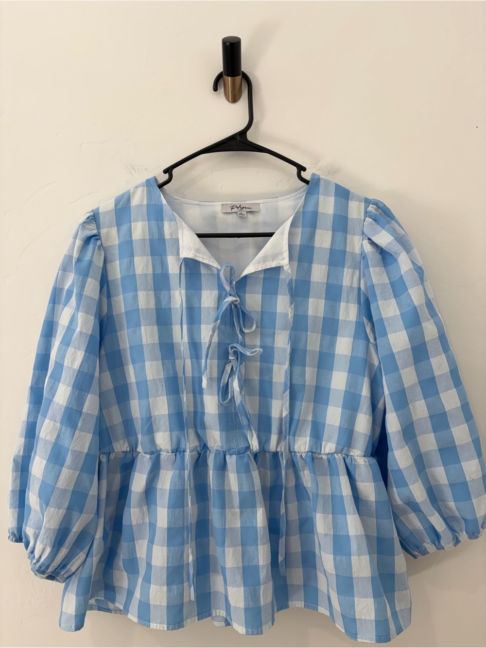 Polygram Blue White Gingham Tie Front Babydoll Peplum Blouse XL
